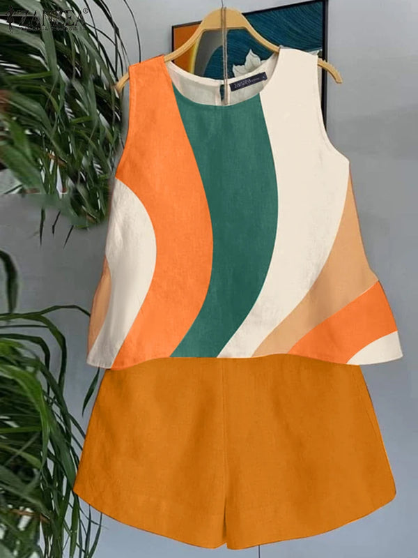 ZANZEA 2025 Summer Printed Tanks Short Suit Women 2PCS Short Sets Holiday Stitching Pleats Outfits Casual Loose Matching Sets