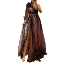 2024 Womens Evening Dress One Shoulder Pleated Pleated Mesh Single Long Sleeve Slim Waist A-line Floor Length Slit Banquet Dress