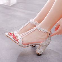Plus Size 34-43 Shoes for Women Summer Lace Flower Sandals Peep Toe Fashion String Bead High Heel Party Wedding Evening Shoes