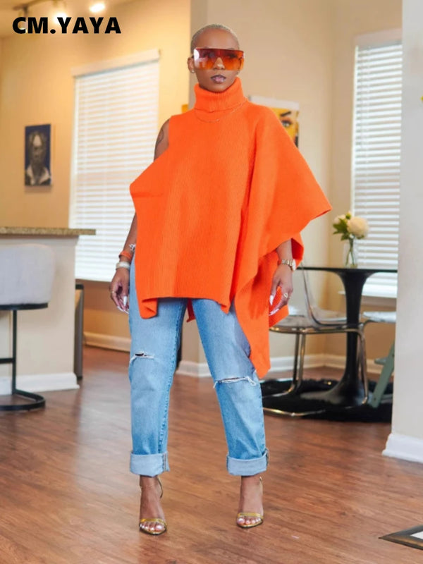 CM.YAYA Elegant Women Winter 2025 Streetwear One Long Sleeve Asymmetrical Turtleneck INS Pullovers Sweater Casual Tops