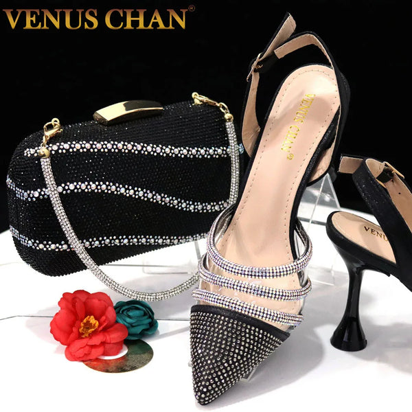 Venus Chan Shoes for Women 2023 Pointed Toe Black Heels Rhinestone Chain Party Sandals Italian Shoes and Bags Matching Set 2023