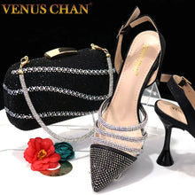 Venus Chan Shoes for Women 2023 Pointed Toe Black Heels Rhinestone Chain Party Sandals Italian Shoes and Bags Matching Set 2023