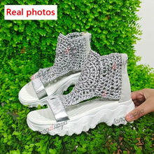 2024 Hot Seller New Gold Knitted Sandals for Women Braided Elastic Summer Shoes Mesh Flat Bottom Hollow Out Female Sandals