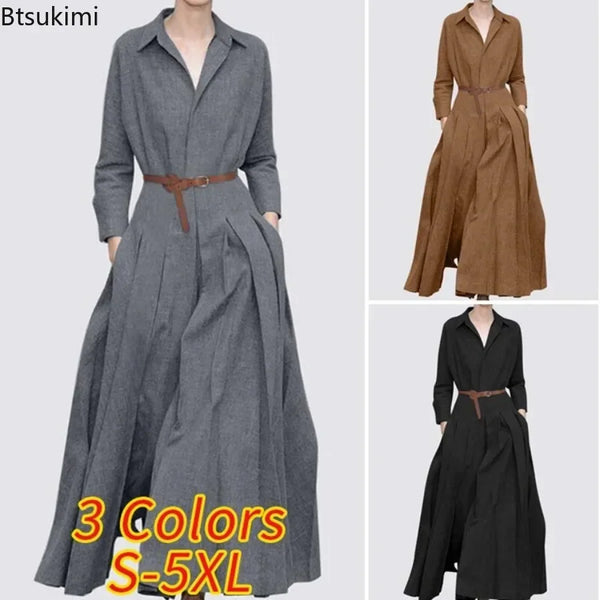 Elegant Shirt Dress for Women Fashion Lapel Temperament Long Dress Spring Autumn New Casual Office Ladies Maxi Dress Modest Robe