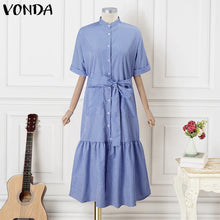 Elegant Striped Printing Short Sleeve Maxi Long Dress Casual Daily Shirt Dress 2025 VONDA Beach Party Sundress Bohemian Vestidos