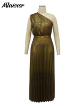 Mlaiscsr Metallic Golden One Shoulder Sleeveless Pleated A-Line Long Dress Elegant Women Luxury Birthday Evening Gowns Vestidos