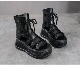 Koznoy 8cm Ethnic Cow Genuine Leather Ankle Booties Women Hollow Peep Toe Platform Wedge Breathable Zip Summer Fashion Shoes