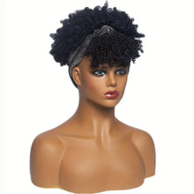 Short Kinky Curly Headband Wig Afro Puff Curly Headband Wig with Bangs for Women Natural Ombre Blonde Synthetic Turban Wrap Wig