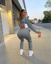 Women's Fitness Running Sets Fleece Long Sleeve Cropped Hoodies+Jogger Tracksuit