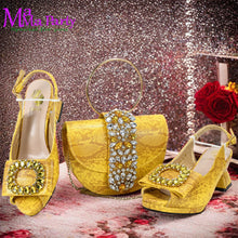 2025 Autumn New Design Specials Italian Women Shoes and Bag Set Comfortable Mid Heels With Rhinestone in Yellow Color