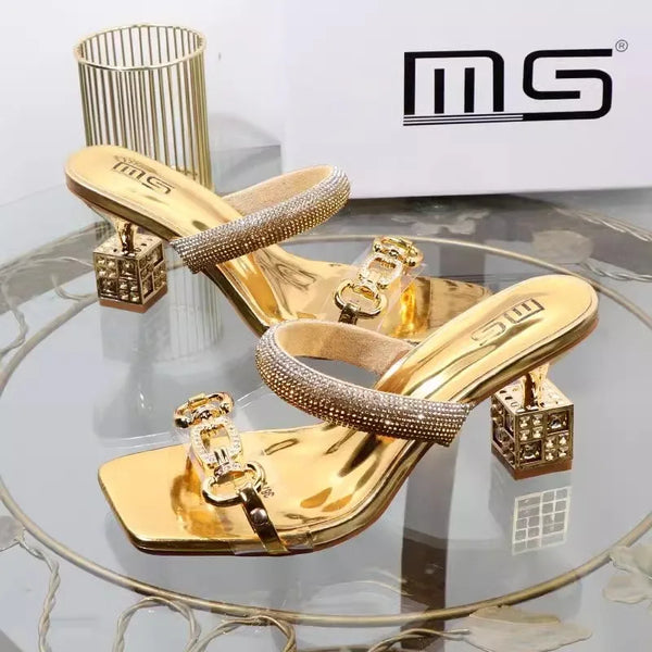 Womens Slippers with Middle Heel Open Toes Anti Slip Rhinestones Chain Buckle 2025 New Summer Outdoor PU Fashion Slippers