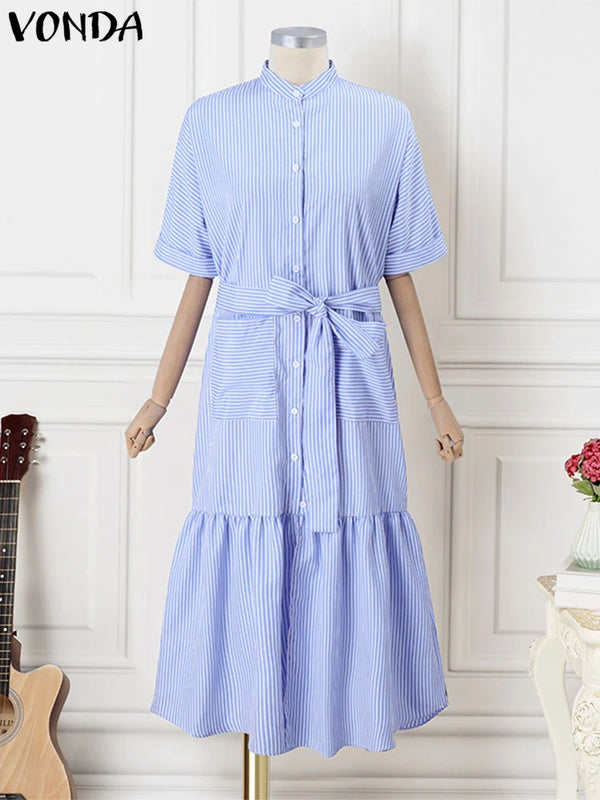 Elegant Striped Printing Short Sleeve Maxi Long Dress Casual Daily Shirt Dress 2025 VONDA Beach Party Sundress Bohemian Vestidos