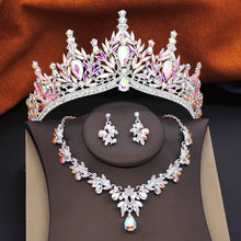 3 Pcs Princess Wedding Crown Jewelry Sets and Tiaras Green Pink Bride Necklace Earrings Set Girls Prom Birthday Accessory