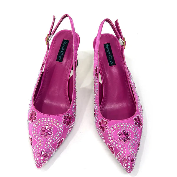 Elegant And Sexy Fuchsia Color High Heels Shoes And Bag With Rhinestone Embellished Toe Is Comfortable Women's Shoes For Party