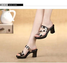 Summer High-heeled Women's Slippers 7cm Thick Heels Bright Skin Fish Mouth All-match Casual Shoes 2024 Luxury Woman Sandals