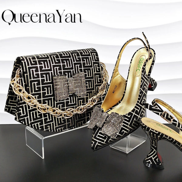 New Design Texture Nigeria Elegant Fashion Women's Banquet Pointed Toe High Heels And Bag Set For Wedding Party