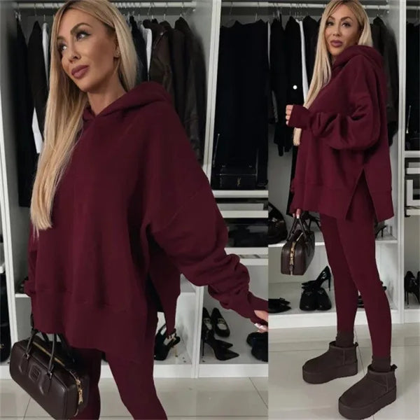 2024 Autumn and winter new casual loose solid color printed hoodie set home clothing 2-piece pantsuit women's clothes