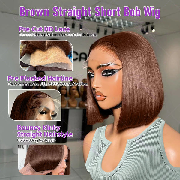 Brazilian  250 Density Short Bob 13x4 HD Transparent Lace Front Human Hair Wig Chocolate Brown Straight 13x5 Lace Frontal Wigs