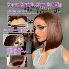Brazilian  250 Density Short Bob 13x4 HD Transparent Lace Front Human Hair Wig Chocolate Brown Straight 13x5 Lace Frontal Wigs