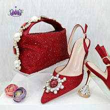 JMF New arrive Italian Design Blue Women's Fashion Rhinestone Pearl Point Toe Stiletto Heels Sandals Women's Shoes & Bag Set