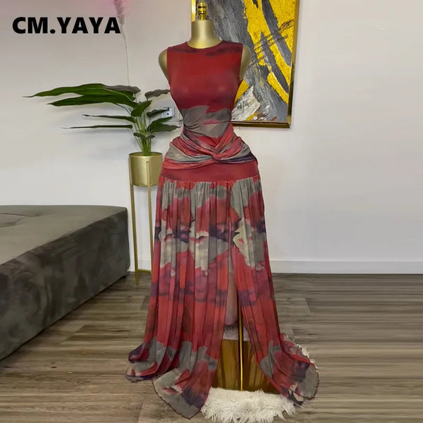 CM.YAYA Elegant Women Print Sleeveless Sweet O-neck Floor-Length Long Dress 2025 Beach Party Birthday Sexy Split Pleated Dresses