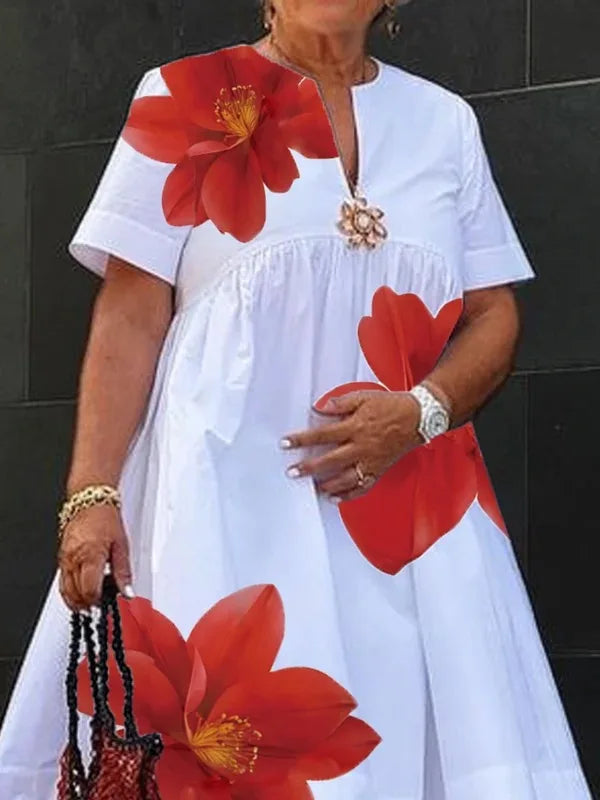 Modigirl Women's Summer New Dress 2025 V-Neck Pleated Short Sleeves White Loose Flower Print Casual Midi Dresses for Woman