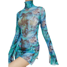 Top Selling Mesh Printed Round Neck Womens Dresses For Teens Plus Size Bell Sleeve Side Open Hip Dress Vestidos Para Mujer