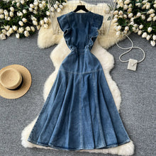 WTHT Fashion Women's Ruffled Edge Sleeveless Denim Long Dress 2024 Autumn O-neck Single Breasted Pleated Dresses Female 1LS125