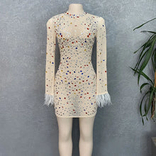 CM.YAYA Vintage Women Mesh See Though Crystal Feather Hem Long Sleeve Bodycon Midi Maxi Long Dress Sexy Party Club Dresses