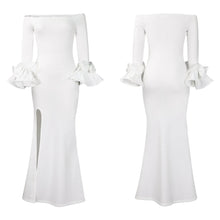 Elegant Sexy Side Slit Long Dress For Women Independent Stand Trade Clothing One-character Collar Leaf Sleeves Evening Dress