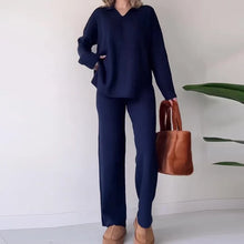 Two Piece Set Women Outfit Autumn Solid Loose Split Hem Lapel Long Sleeved Knit Top & Casual High Waist Wide Leg Pants Set