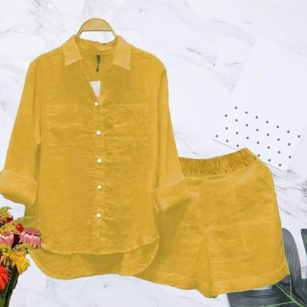 2 Pcs/Set Women Shirt Shorts Set Loose Long Sleeves Solid Color Elastic Waist Irregular Hem Lapel Female Spring Autumn Outfit