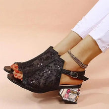 2023 New Women Summer Fashion Mid Heels Peep Toe Shoes for Women Glitter Sandals Ladies Buckle Strap Bling  Rhinestone Sandals
