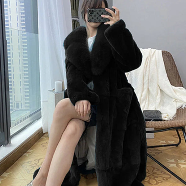 Women's Fashionable Belt Long Thick Warm Faux Fox Fur Jacket