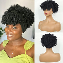Short Kinky Curly Headband Wig Afro Puff Curly Headband Wig with Bangs for Women Natural Ombre Blonde Synthetic Turban Wrap Wig