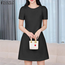 ZANZEA Korean Fashion Puff Sleeve Short Dresses Commute Elegant Solid Fitted Waist Party Robes Women Textured A-line Vestidos