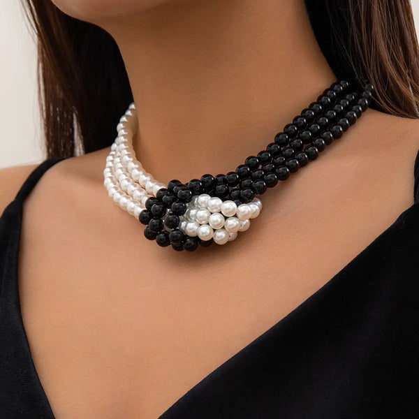 Fashion Black White Imitation Pearl Patchwork Chain Necklace For Women Female Vintage Sexy Multilevel Bead French Choker Jewelry