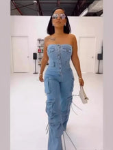 CM.YAYA Women Strapless Sleeveless Wide Leg Jeans Jumpsuits Button Pockets Cargo Street Night Playsuit One Piece Suit Rompers