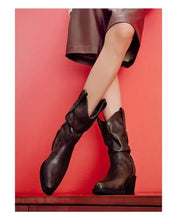 Women Chunky Heeled Western Boots Faux Suede Ankle Boots Woman Autumn Vintage Loose Tube Pleated Mid Calf Cowboy Botas Mujer