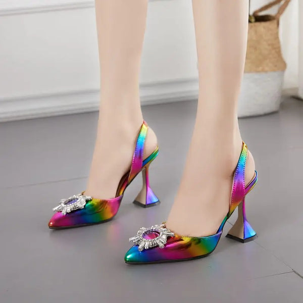 Rainbow Color Women Sandals Elegant Pointed Toe Sun Style Rhinestone High Heels Weeding Shoes Spike Heel Pumps Sandals Drop Ship