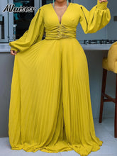 Mlaiscsr Elegant Evening Party Jumpsuit Long Sleeved Waist Pearl Bead Mesh Loose Wide Leg Pleated Long Dinner One Pieces Rompers