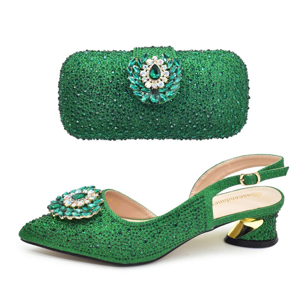 Elegant Italian Women's Rhinstone Pumps Heels Shoes and Bag Set To Match for Weddings and Party