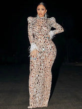 CM.YAYA Vintage Women Mesh See Though Crystal Feather Hem Long Sleeve Bodycon Midi Maxi Long Dress Sexy Party Club Dresses