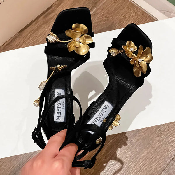 Black High Heel Sandal sGold Flower Metal Strap Design Fashion Hot Selling