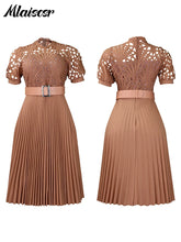 Mlaiscsr Elegant Luxury Wedding Guest Pleated Dresses with Belt Women O Neck Lace Patchwork Short Sleeve Birthday Party Robe New