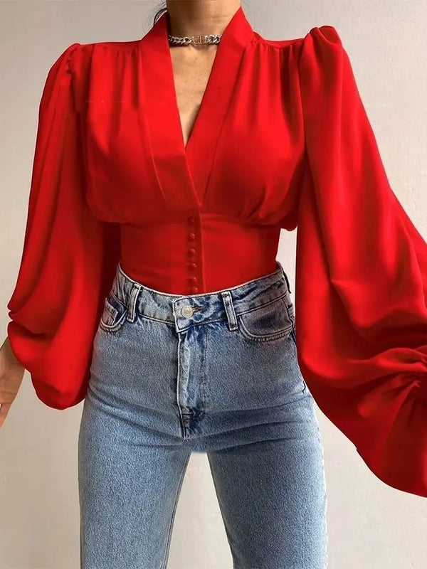 2024 Spring Satin Women's Blouse Red Long Lantern Sleeve Button V-neck Elegant Female Shirt Spring Fashion Vintage Ladies Top