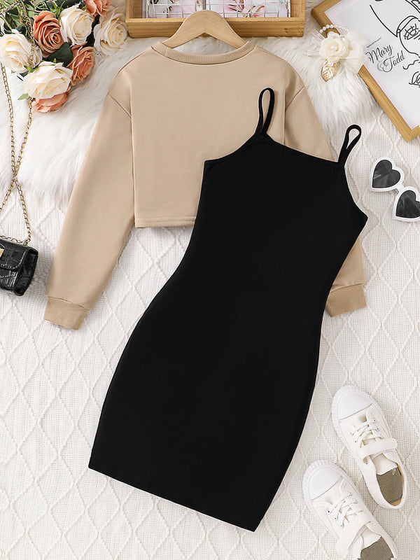 Girls' Spring and Autumn New Children's 8-12Y Fashion Casual Dress Set 2-piece Package Hip Skirt+Short Top