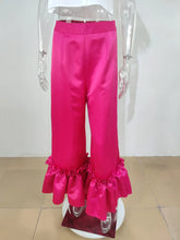 CM.YAYA Women Elegant Ruffles Hem High Waist Loose Wide Leg Flare Pants 2022 Summer Rose Red Black INS Trousers