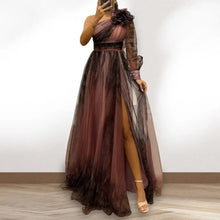 2024 Womens Evening Dress One Shoulder Pleated Pleated Mesh Single Long Sleeve Slim Waist A-line Floor Length Slit Banquet Dress