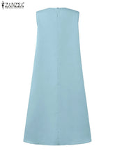 ZANZEA Summer Women's A-line Midi Dresses Casual O-Neck Shirring Pleated Tank Vestidos 2025 Fashion Holiday Solid Robes Femme